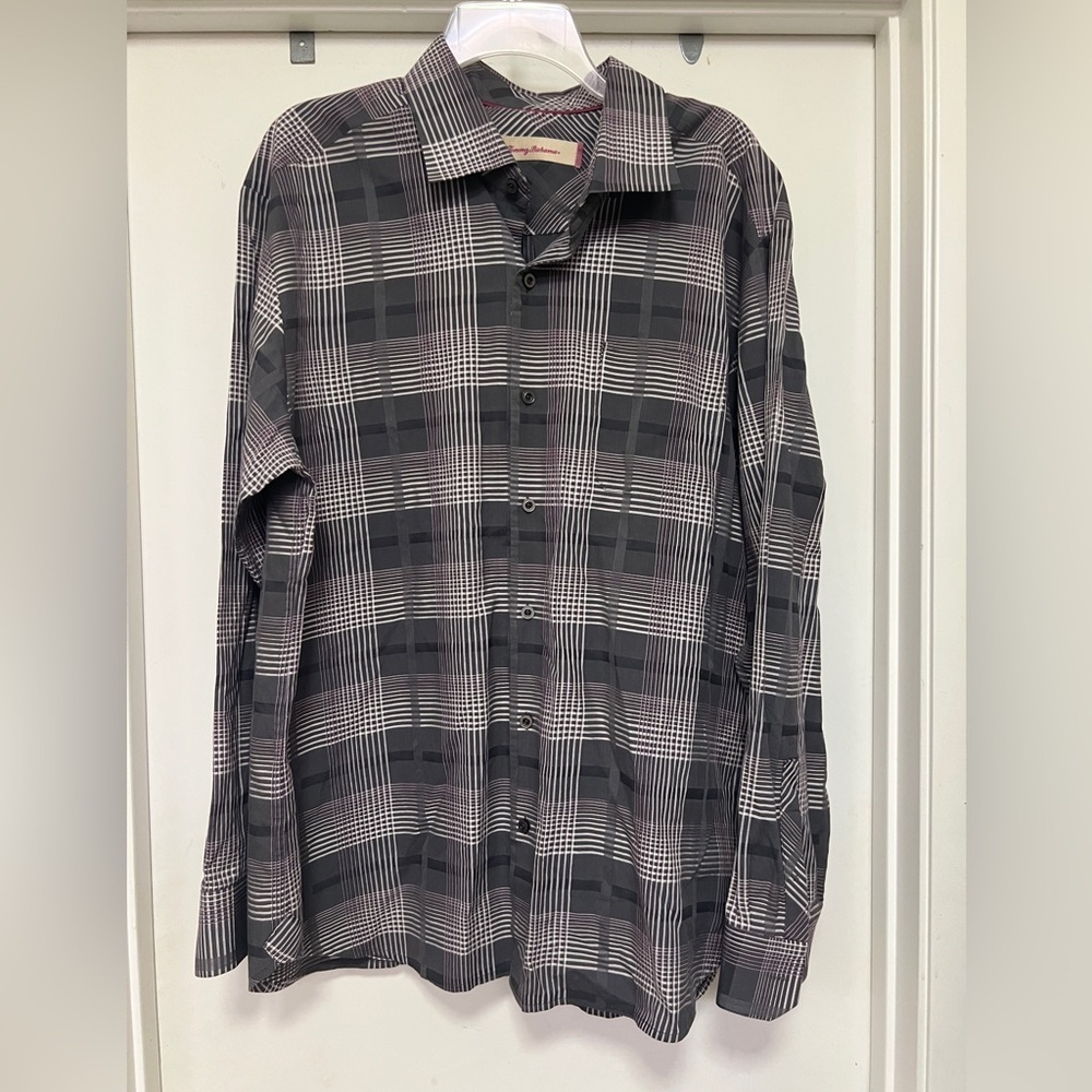 Tommy Bahama long sleeve, cotton/silk blend, oxford. Purple/gray plaid size XL